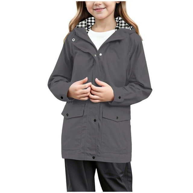 dmqupv Imperméable Adolescente Fille Filles Manteau de Pluie Imperméable Doublé Coton Léger Coupe-Vent à Capuche Anorak pour Randonnée Camping Gris Foncé, Taille pour 7-8 Ans