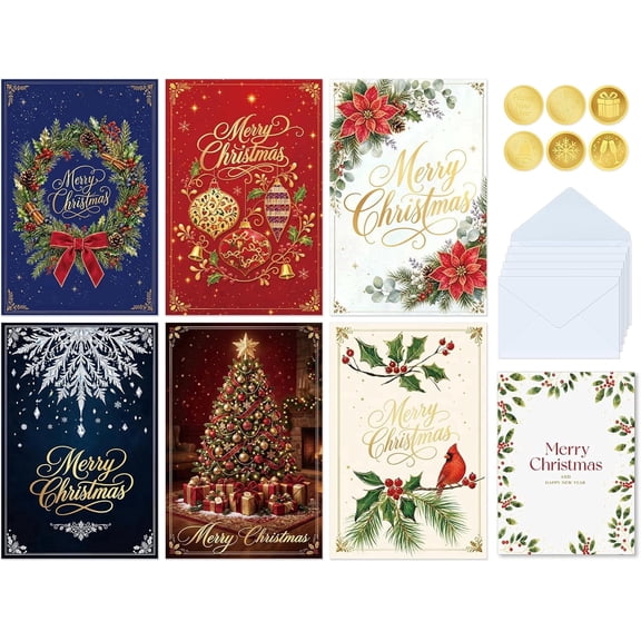 WaaHome Boxed Christmas Cards with Envelopes, 24 Pack 6 Assorted Designs | vintage design, 4x6in, 300gsm thick cardstock, glossy finish with message, with stickers and box for family office clients