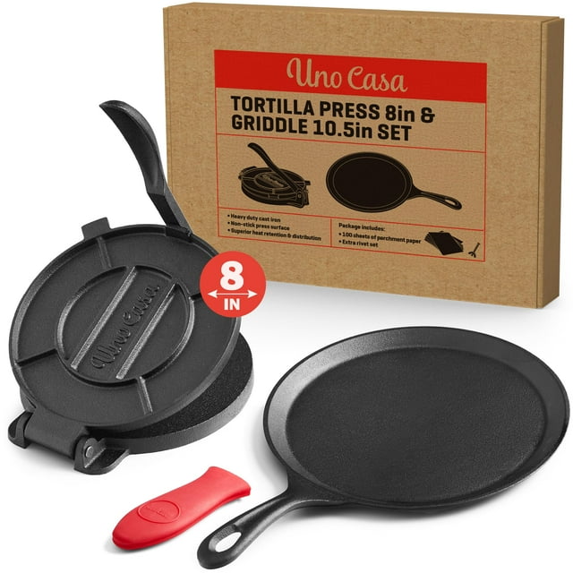 Set de prensa para tortillas y comal Uno Casa de hierro fundido de 8"