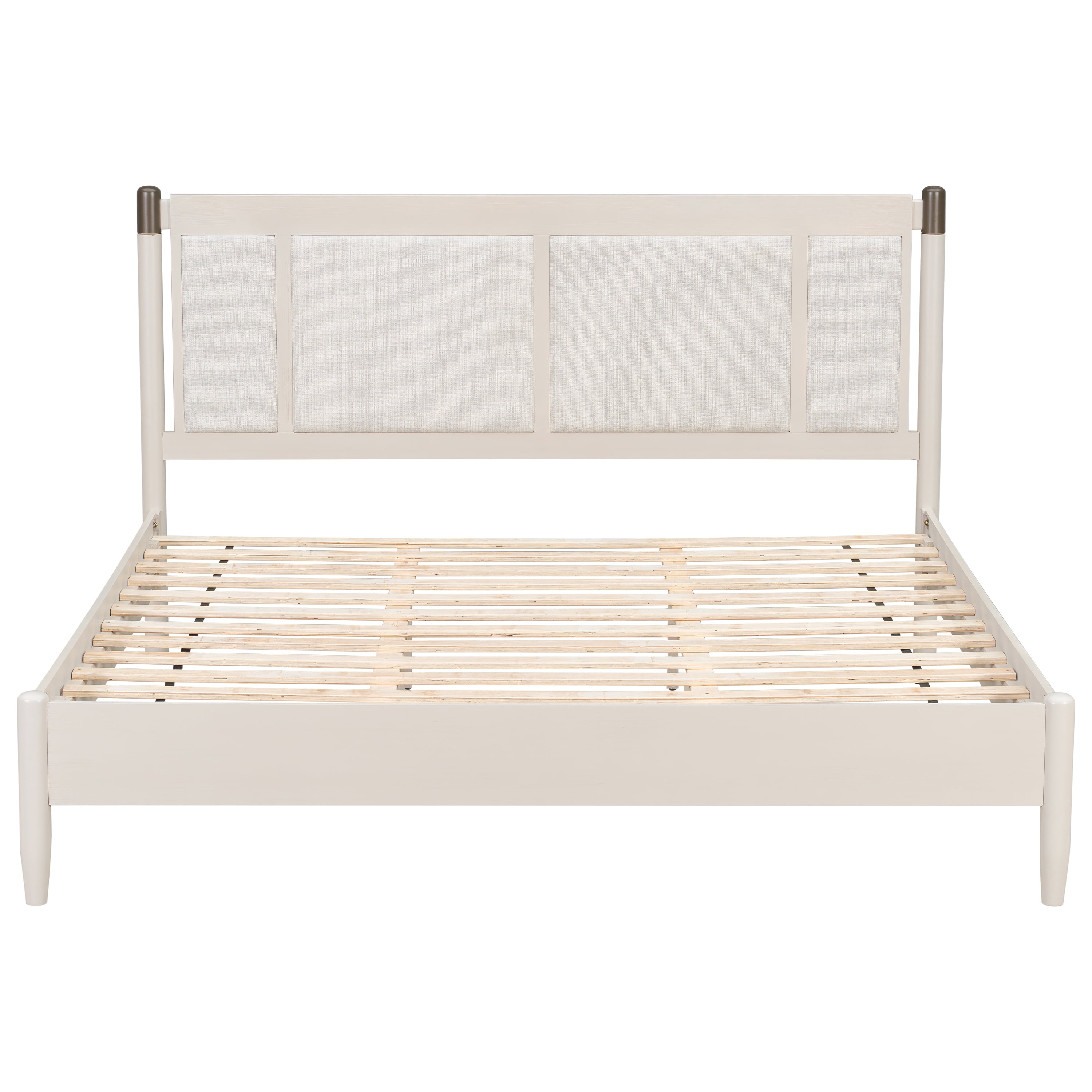 King Bed Frame 81 Inch, Solid Wood Platform Bed with Upholstered Headboard and Metal Handles, Heavy Duty Bed Frame with 600 lbs Support, Grey