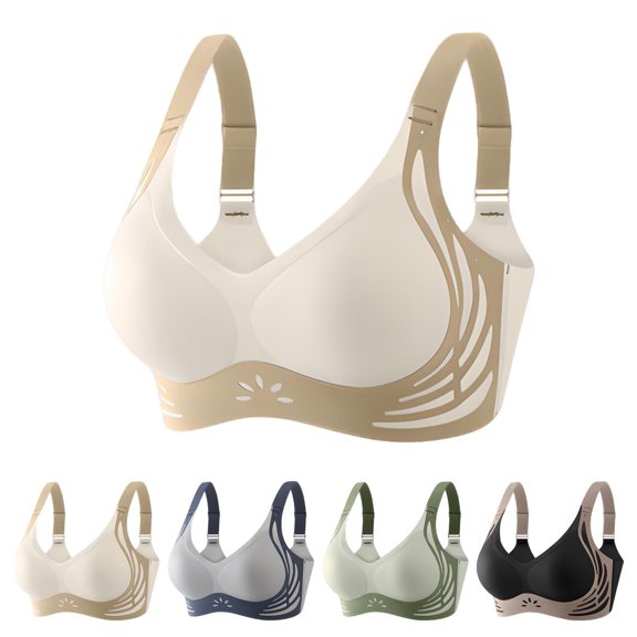 Gymayou Women Wireless Seamless Support Bra No Underwire Full Coverage Push Up Gathered Sports Bra Shockproof Everyday Comfort Bralette Beige(1PC) L