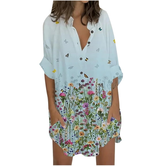 Lanhui Women's Shirt Dress Short Mini Dress 3/4 Sleeve Print Color Patchwork Shirt