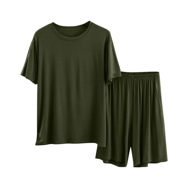 Pyjama pour Hommes Ensemble Été 2025 Modal Ultra Doux Texturé Chemise de Nuit Col Rond Manches Courtes Pjs Chemises Athlétiques Extensibles Taille Élastique Shorts Confort Décontracté Tenues de Nuit