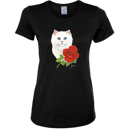 Cat and Red Rose Animal Lover Womens Graphic T-Shirt