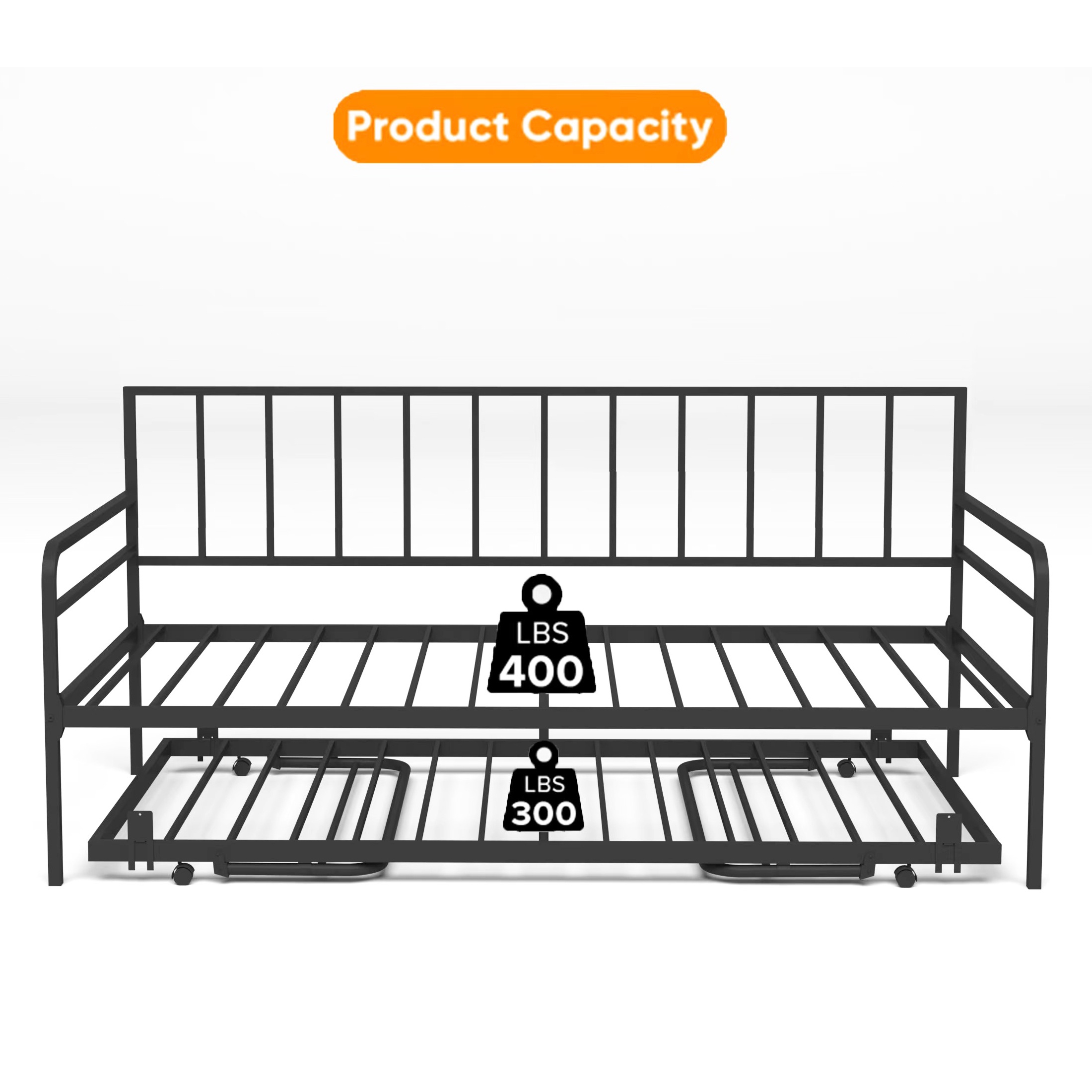 PORKISS LED Twin Daybed with Trundle, Metal Frame, Charging Station, Twin Size Bed Frame, No Box Spring Needed, Black