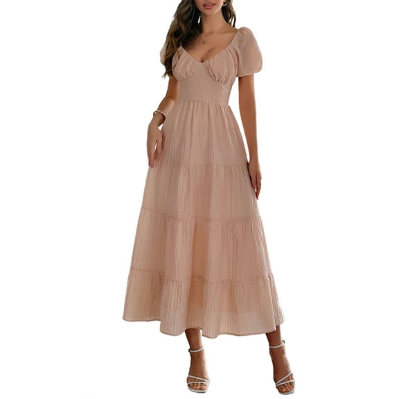 Women'S Summer Casual Midi Dress Puffy Short Sleeve V-Neck Smocked Tiered Ruffle Dresses Pink M