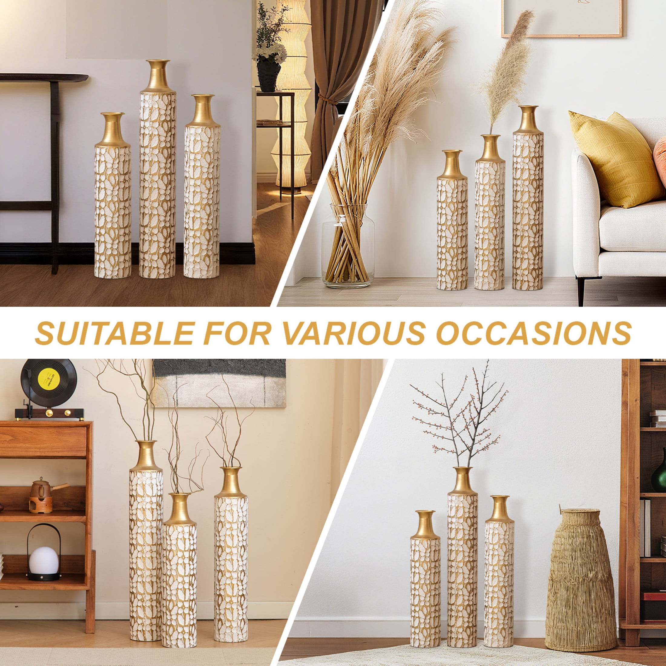 Noble House 32.3", 28", 24" Metal Floor Vase Set of 3, Leaf Pattern, Gold + White