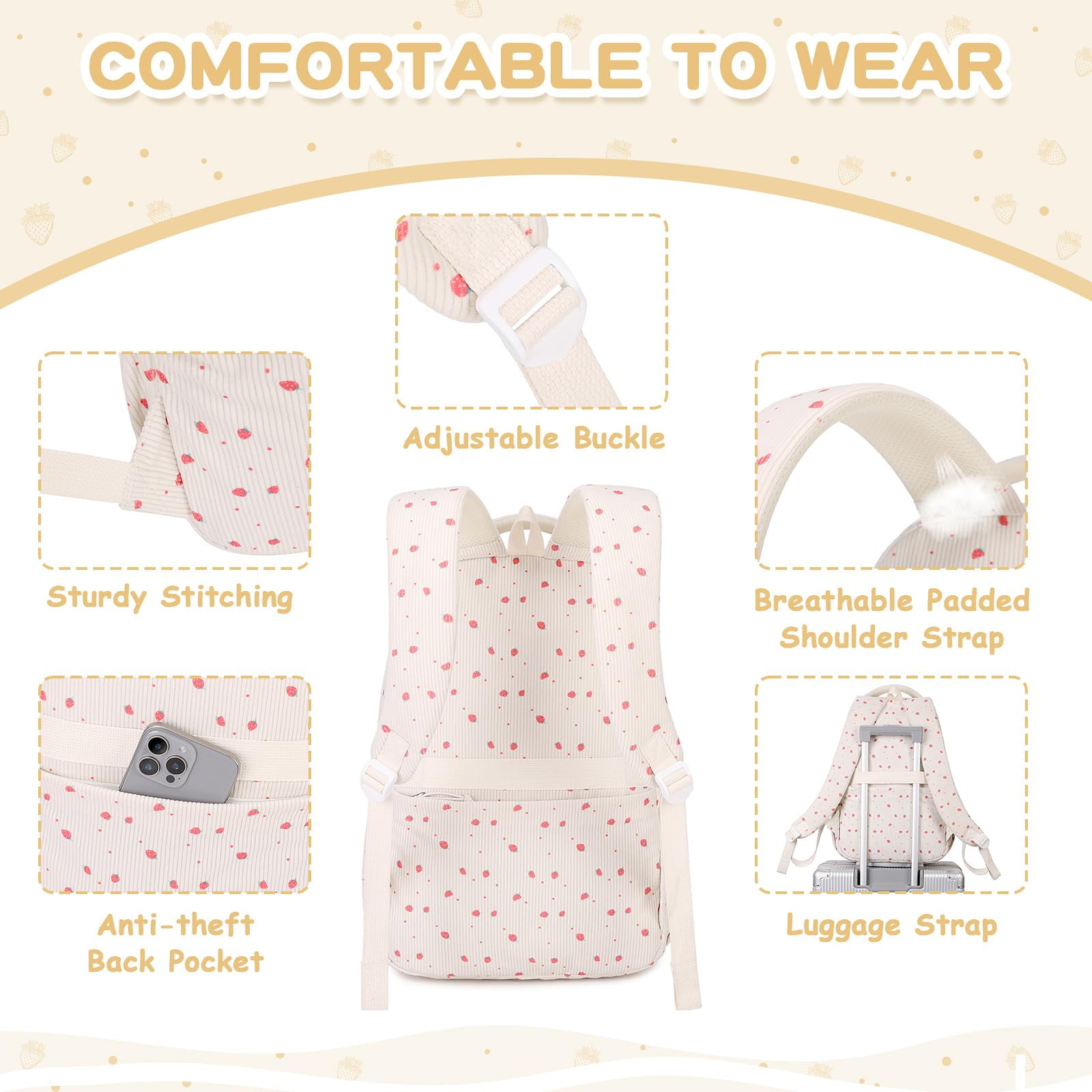 Soda Candy Corduroy School Backpack Cute Bookbag for Middle School Students Book Bag Kawaii Ita Backpacks with Reinforced Thick Strap, Biege Strawberry