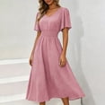 thumbnail image 5 of Dolkfu Pink Women's Fall&Winter dresses Waist Cinched V-Neck Short Sleeve Long Fit & Flare Dresses Refined Polka Dot Regular Patchwork Dresses Pink,S, 5 of 6