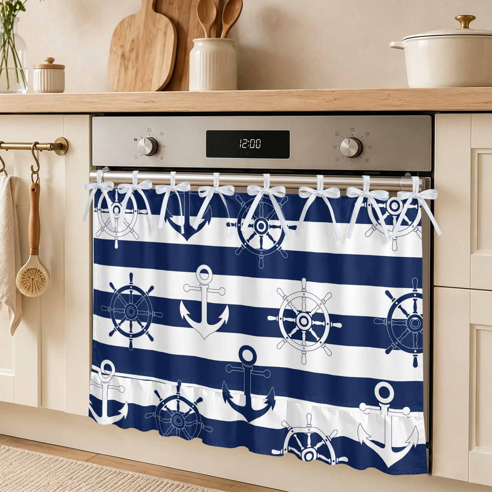 Nautical Ship Anchors Oven Skirt Curtain Maritime Navy Blue Steering Wheels Striped Tie Top Tier Curtains Stove Dishwasher Skirt Small Window Drapes for Kitchen Bathroom Cafe 32 x24