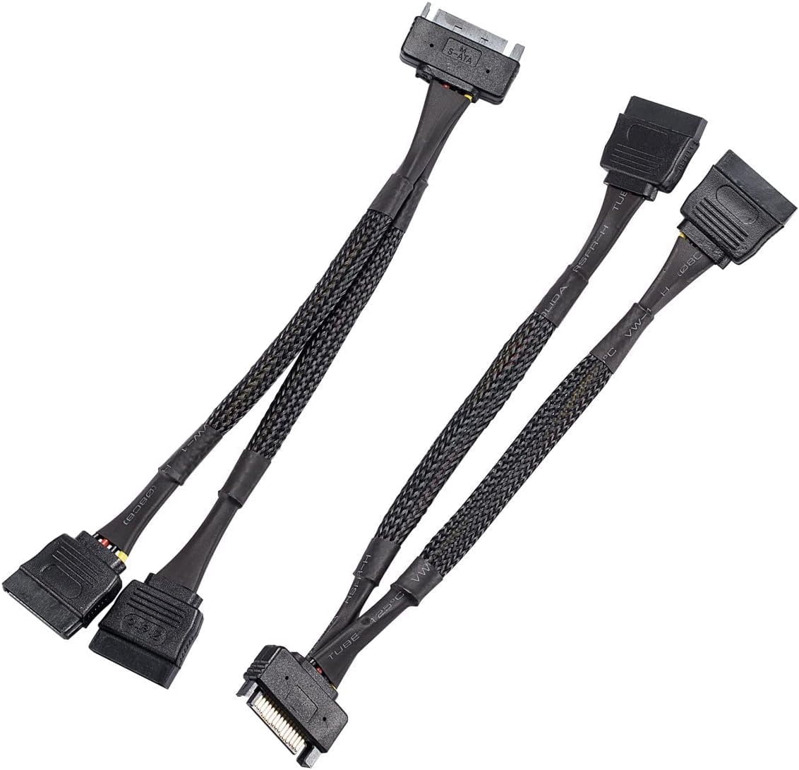 HRTGFD-SATA Power Splitter Cable (2 Pack) SSD Power Cable HDD Power Cable Hard Drive Power Cable 6-Inch/15cm SATA 15 Pin Male to 2xSATA 15 Pin Female Power Y-Splitter Extension Cable