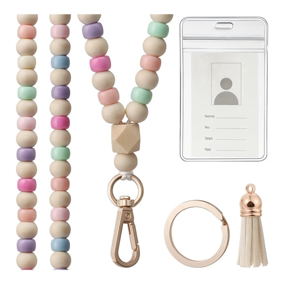 Teacher Lanyard – Wood Bead ID Holder Lanyard, Breakaway Clasp, 19.5in, 10mm Beads, 2.32×3.46in ID Holder, for Educators & Office Staff
