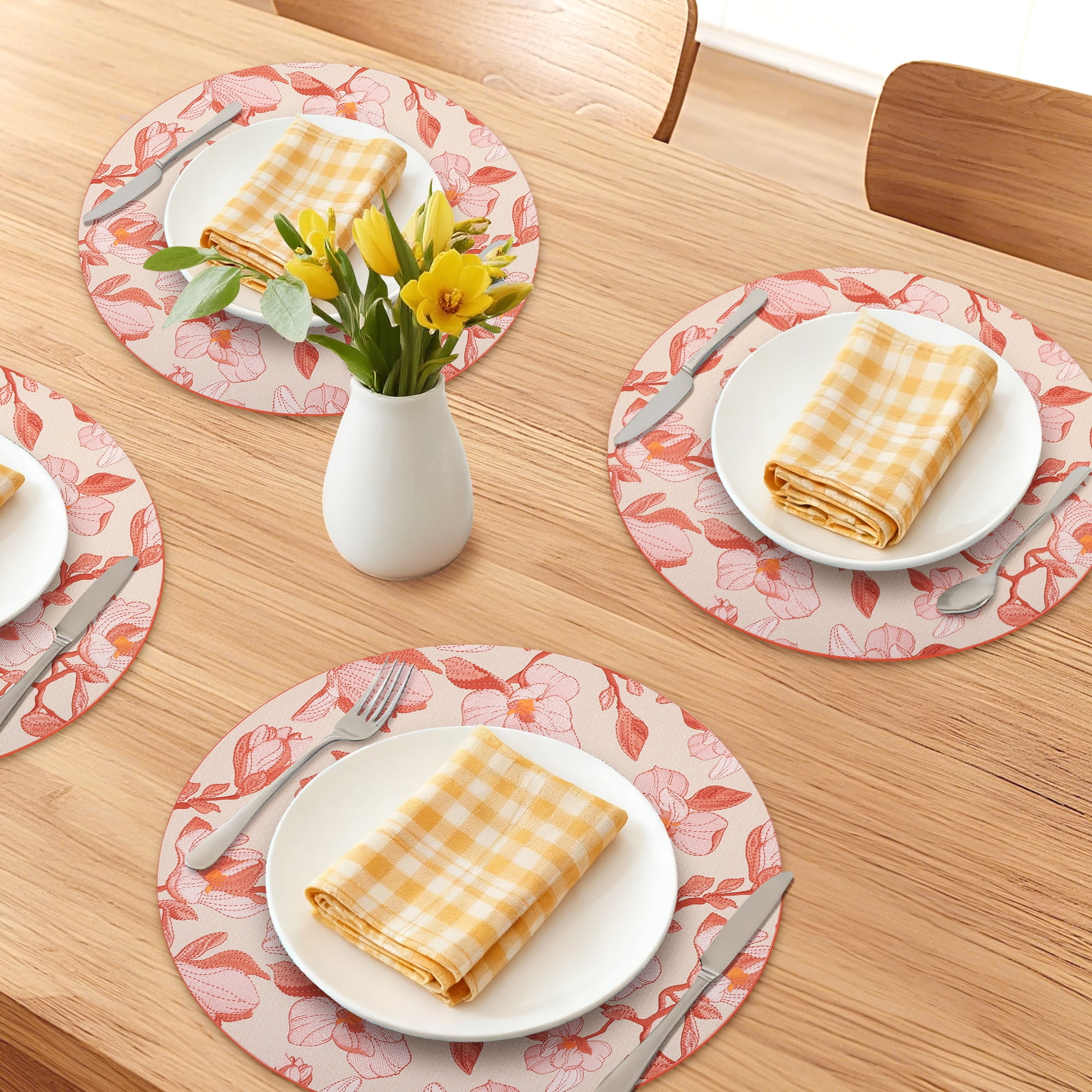 Unique Bargains 6pcs Faux Leather Floral Placemats Red 13"x13"