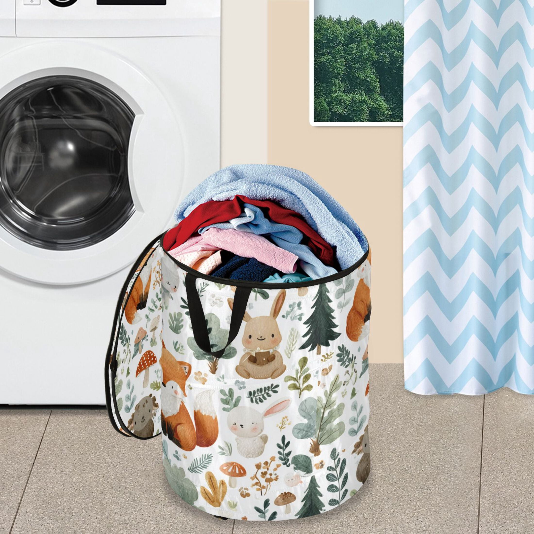 50L Extra Large Popup Hamper Collapsible Laundry Basket With Zippered Lid 15.7x18.5in Cute Woodland Animals