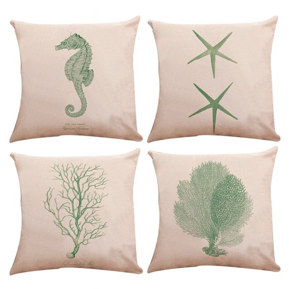 Jinsinto Baby Plum Ocean Park Cotton Linen Theme Throw Pillow Covers 18" X 18" Square Shape-Ocean-Beach-sea-Print-Starfish-Seahorse-Voyage, 4 Pack