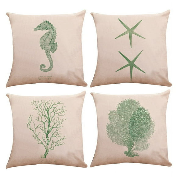 Jinsinto Baby Plum Ocean Park Cotton Linen Theme Throw Pillow Covers 18" X 18" Square Shape-Ocean-Beach-sea-Print-Starfish-Seahorse-Voyage, 4 Pack
