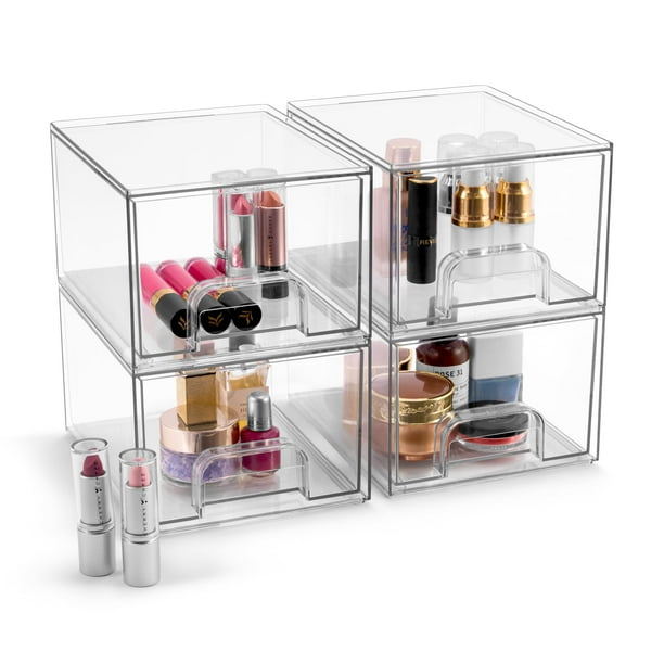 Sorbus Juego de 4 Contenedores Organizadores de Maquillaje Apilables de Acrílico con Cajones Extraíbles, Transparente