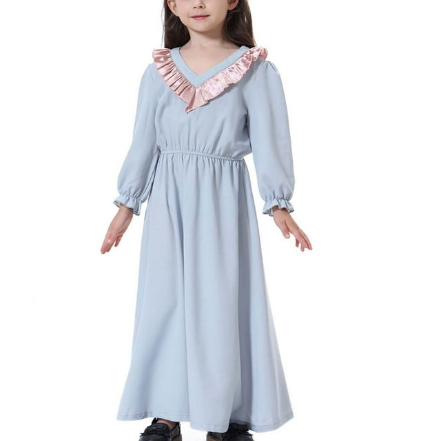 DPTALR Robe Longue Musulmane Moyenne Grande Fille Manches Longues Col en V Robe à Blocs de Couleur