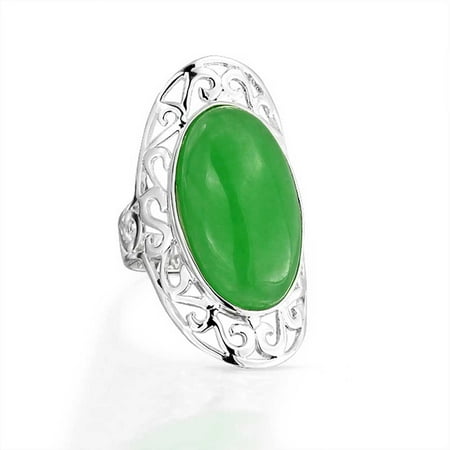 Jade Finger Ring (Filigree Scroll Boho Fashion Statement Full Finger Dyed Green Jade Ring Band For Teen For Women 925 Sterling)