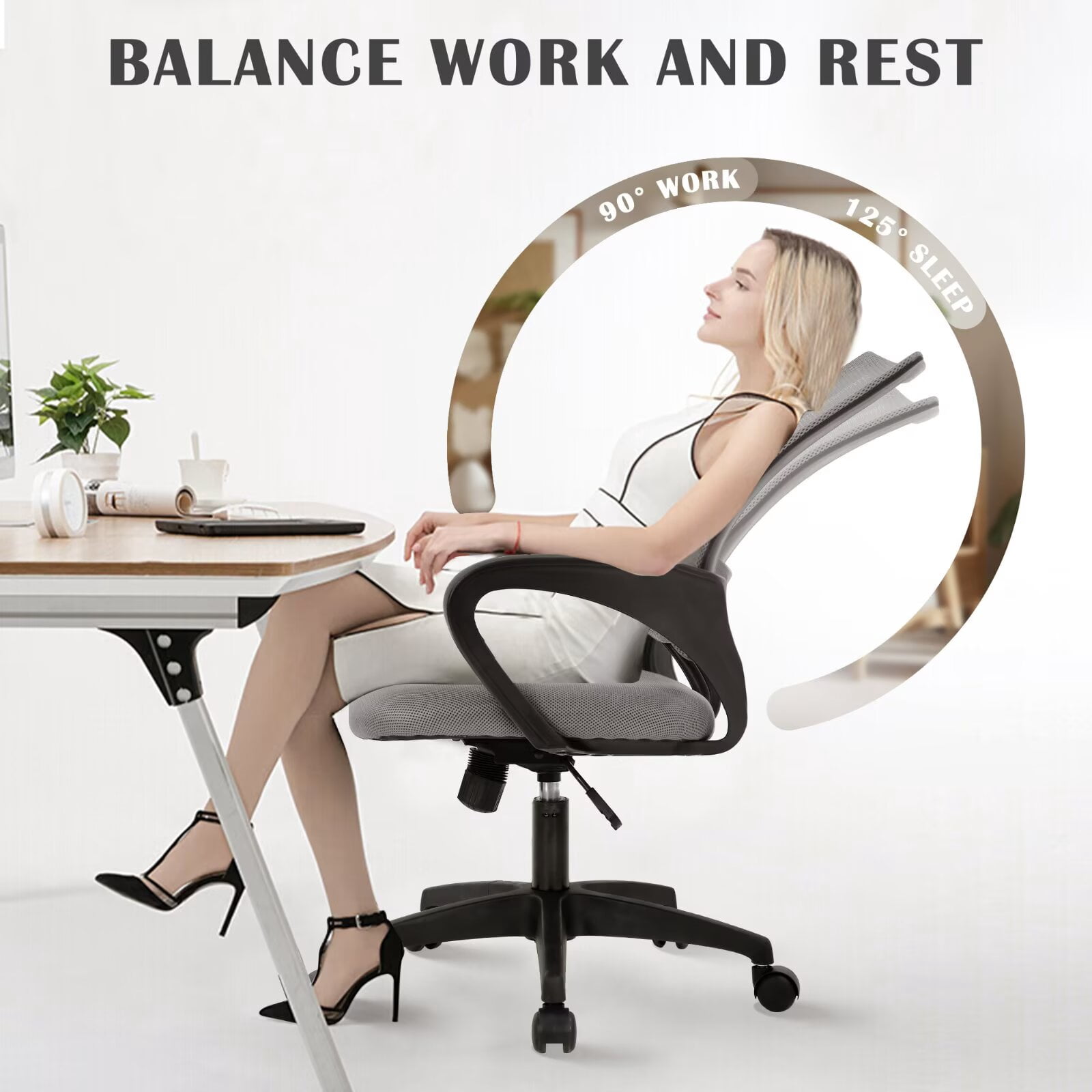 YRLLENSDAN Mesh Office Chair with Lumbar Support and Armrest, Comfortable Desk Chairs with Wheel, Home Swivel Chair with Adjustable Height and Tilt, Grey