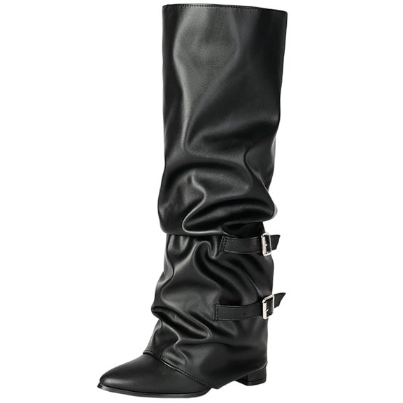 OKBOP Women's Knee High Boots Zip-Up Pointy Toe Slouch Buckle Strap Low Heel Boots for Fall Winter Boots Sizes 35