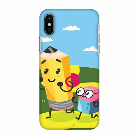 iPhone X Case - Cute Pencil & Eraser, Hard Plastic Back Cover. Slim Profile Cute Printed Designer Snap on Case with Screen Cleaning