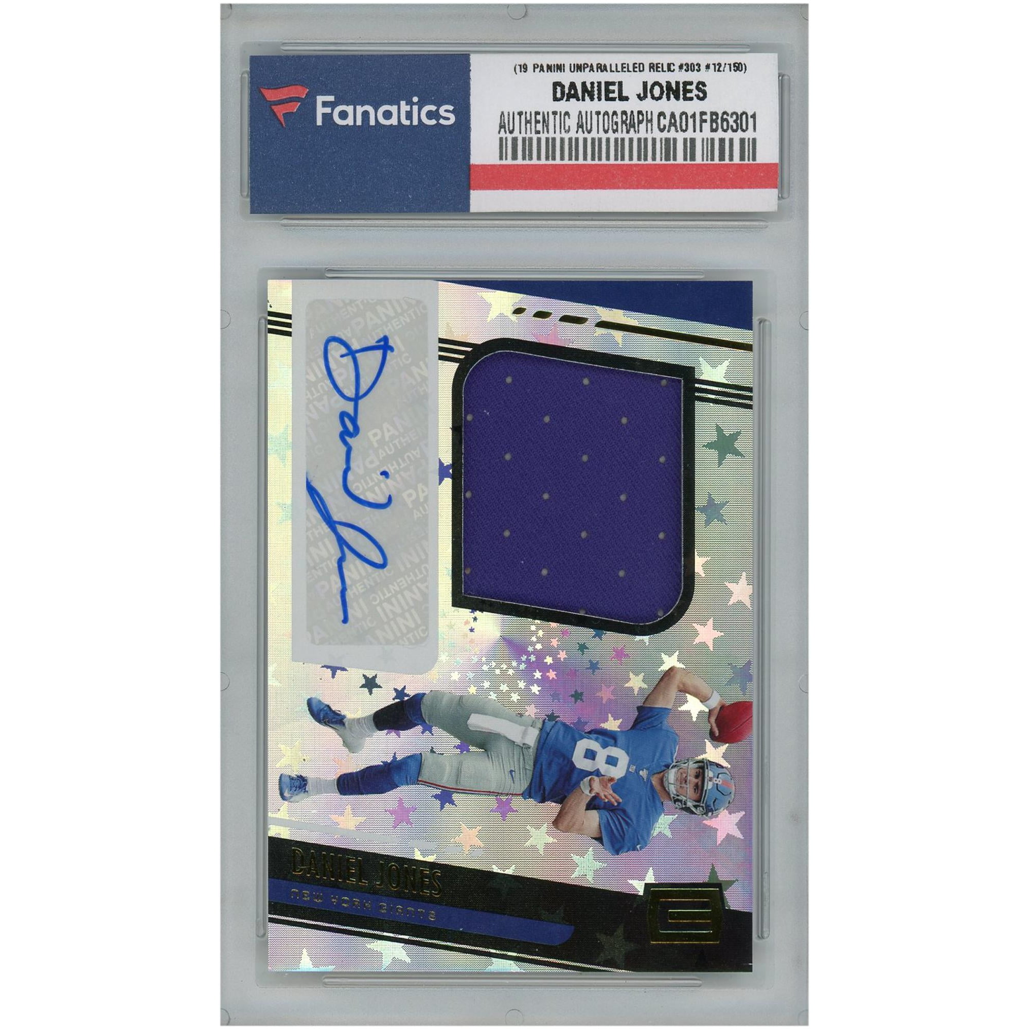 Daniel Jones New York Giants Autographed 2019 Panini Unparalleled RC Relic #303 Card - Limited Edition #12 of 150 - Fanatics Authentic Certified