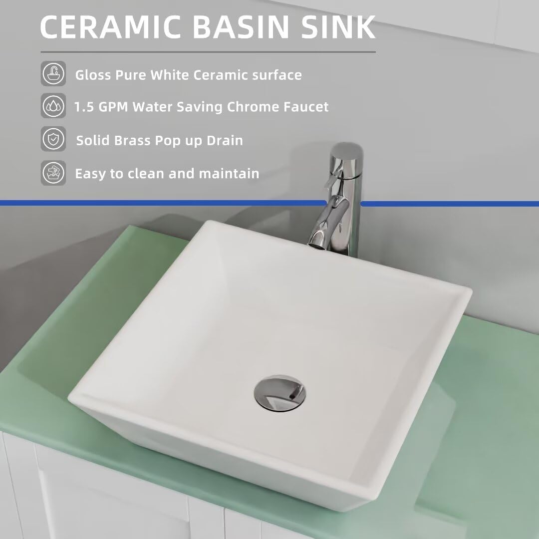 Goodyo 30" White Bathroom Vanity and Sink Combo MDF Wood Glass Top Heighten Cabinet w/Mirror Faucet and Drain