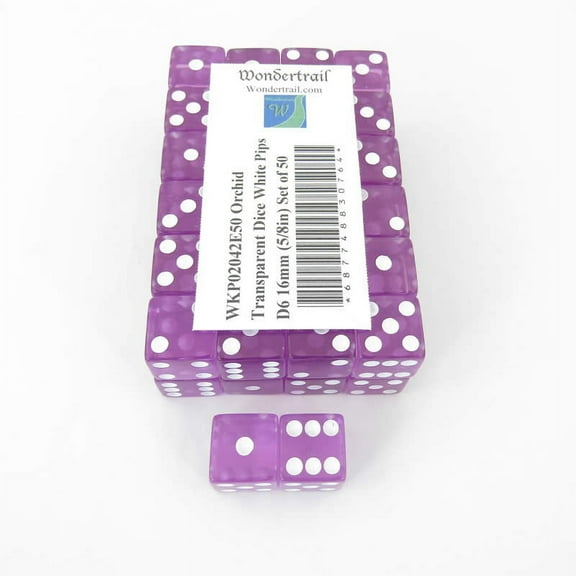 Orchid Transparent Dice with White Pips Square Corners D6 16mm (5/8in) Set of 50 Wondertrail