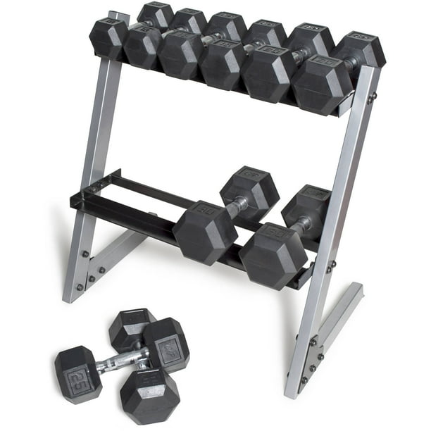 CAP Barbell 200 lb Rubber Hex Dumbbell Set, 10 30 lb with Rack