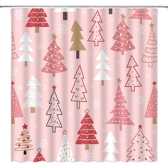Christmas Tree Shower Curtain Pink Xmas Tree Abstract Pine Cartoon Snowflake Winter Holiday Bathroom Decor Curtain with Hooks,Pink