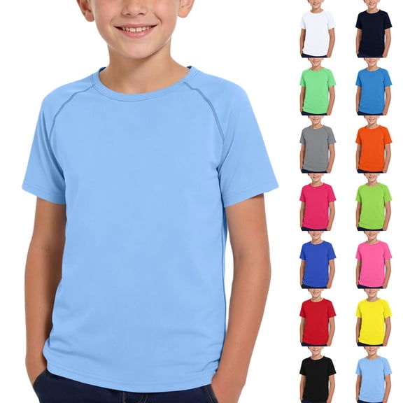 THDHVS Boys T Shirts,Solid Color Quick Dry Round Neck Short Sleeve T-shirt Breathable Fitness Athletic Wear for Kids,Shirts for Boys Light Blue 9-10 Years