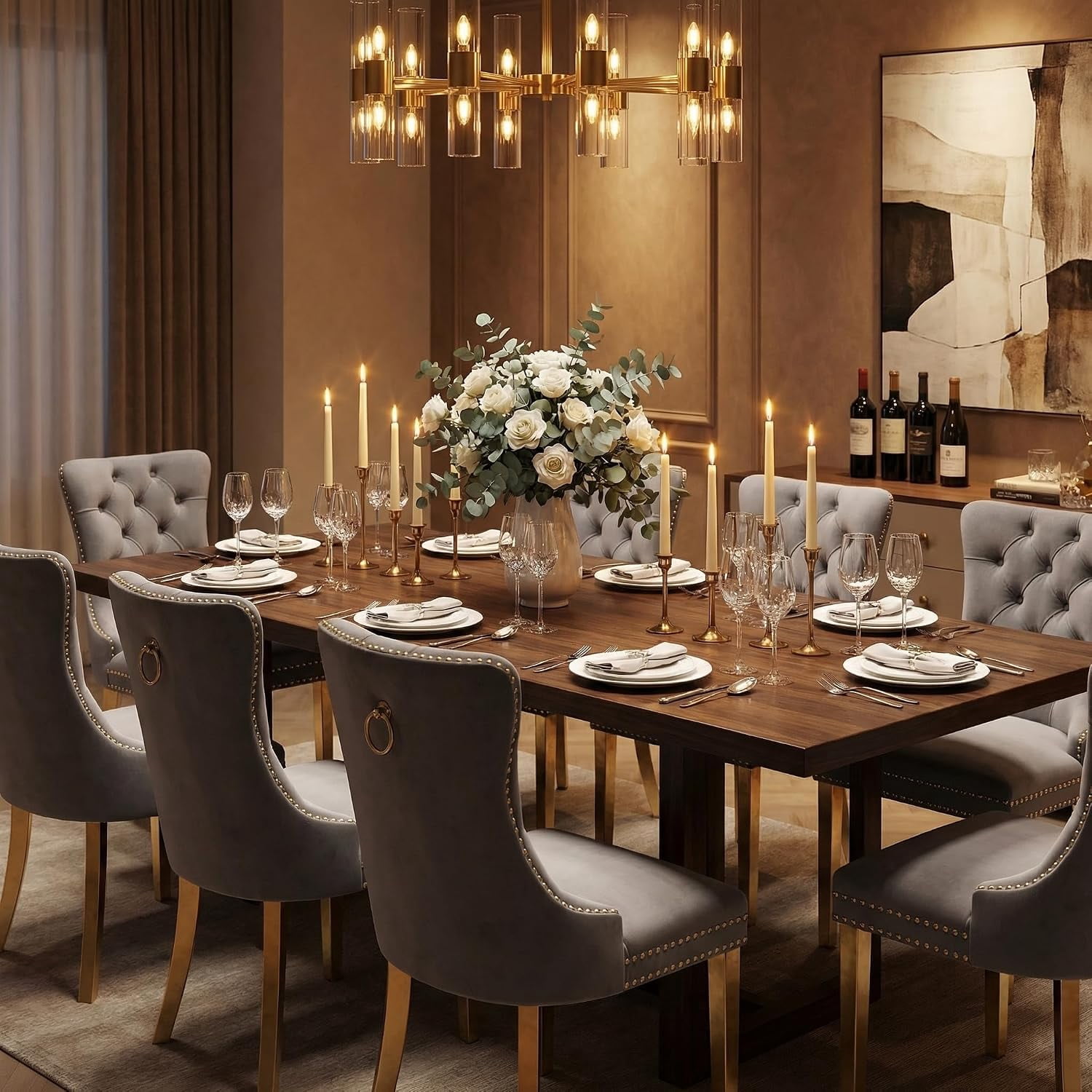 Collection Tufted Velvet Dining Chair, Nailhead Trim, Solid Wood Legs, Set of 2