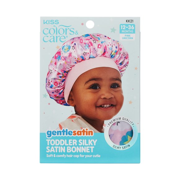 KISS COLORS & CARE Gorro de satén sedoso con diseño de unicornio para niños pequeños, material súper suave y transpirable para proteger el cabello contra la sequedad, la fricción y las puntas abiertas
