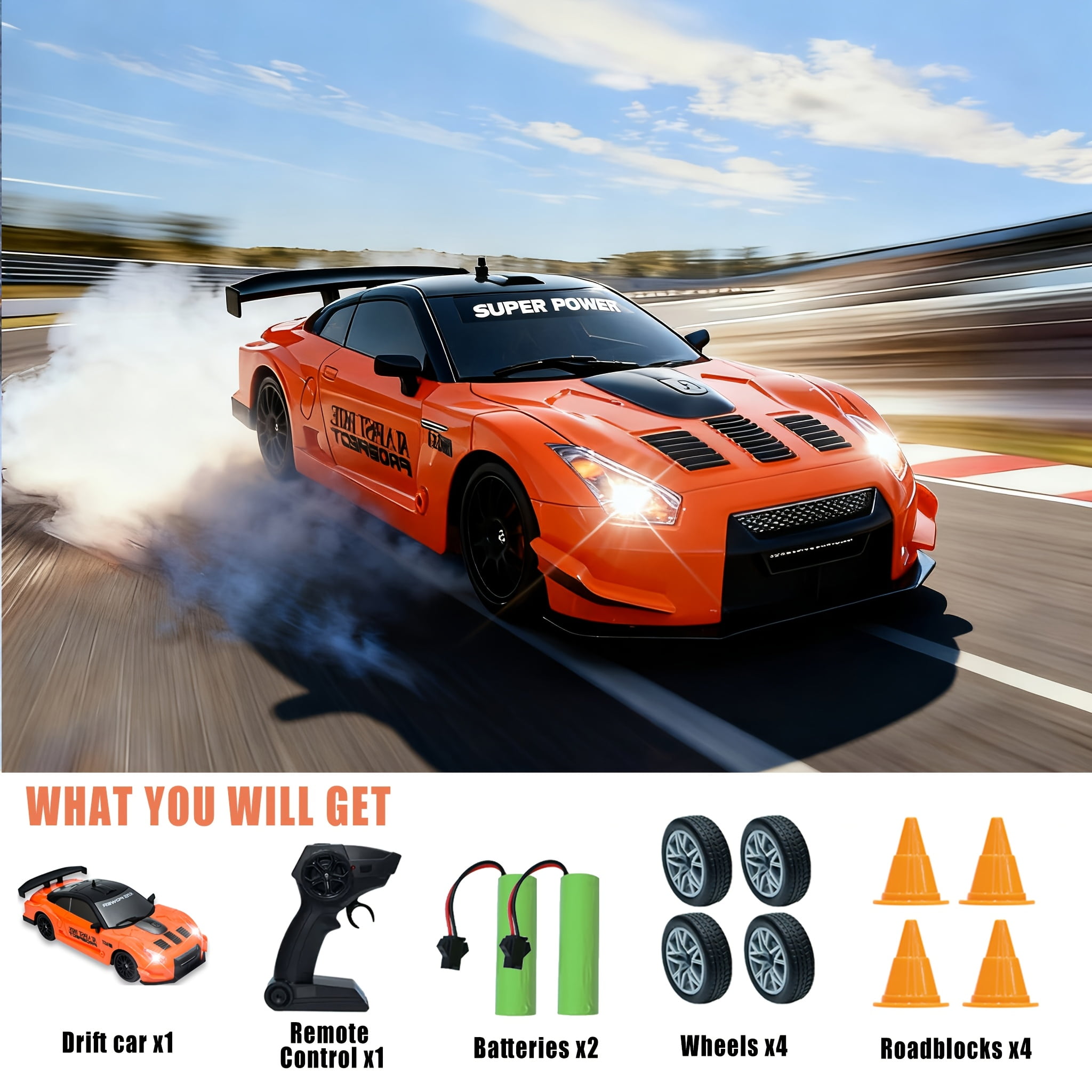 AIGIA Remote Control Car 2.4GHz 1:24 Scale 4WD 20KM/H High Speed RC Drift Car Model Vehicle with LED Lights Drifting Tire Racing Car