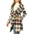 thumbnail image 4 of INSPIRE CHIC Women's Shawl Collar Asymmetrical Hem Belted Plaid Coat XS Brown Blue, 4 of 8