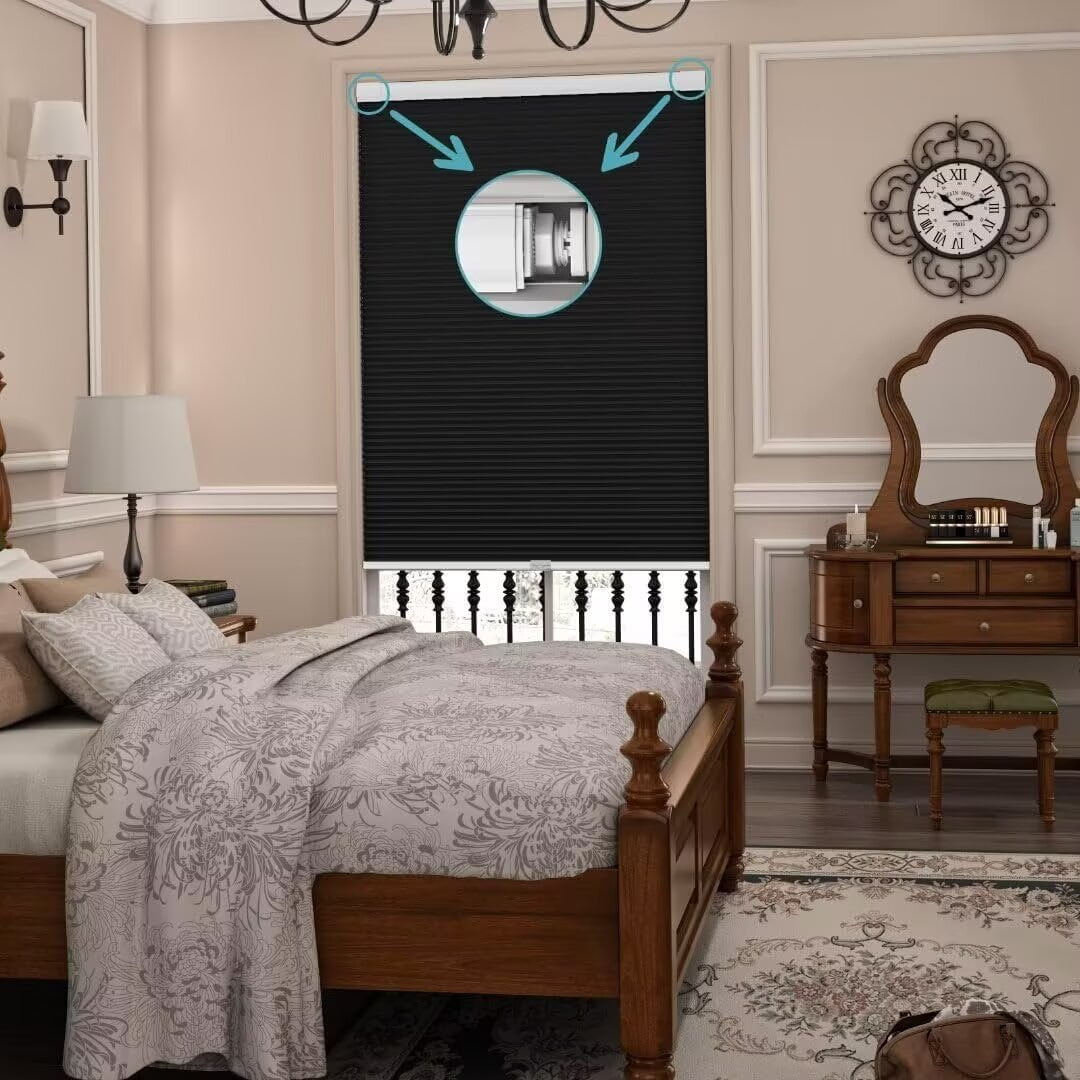 Myshade No Drill Blackout Shades Tension Cordless Cellular Blinds for Indoor Windows No Tools Window Blinds & Shades(Black-29"W*78"H)