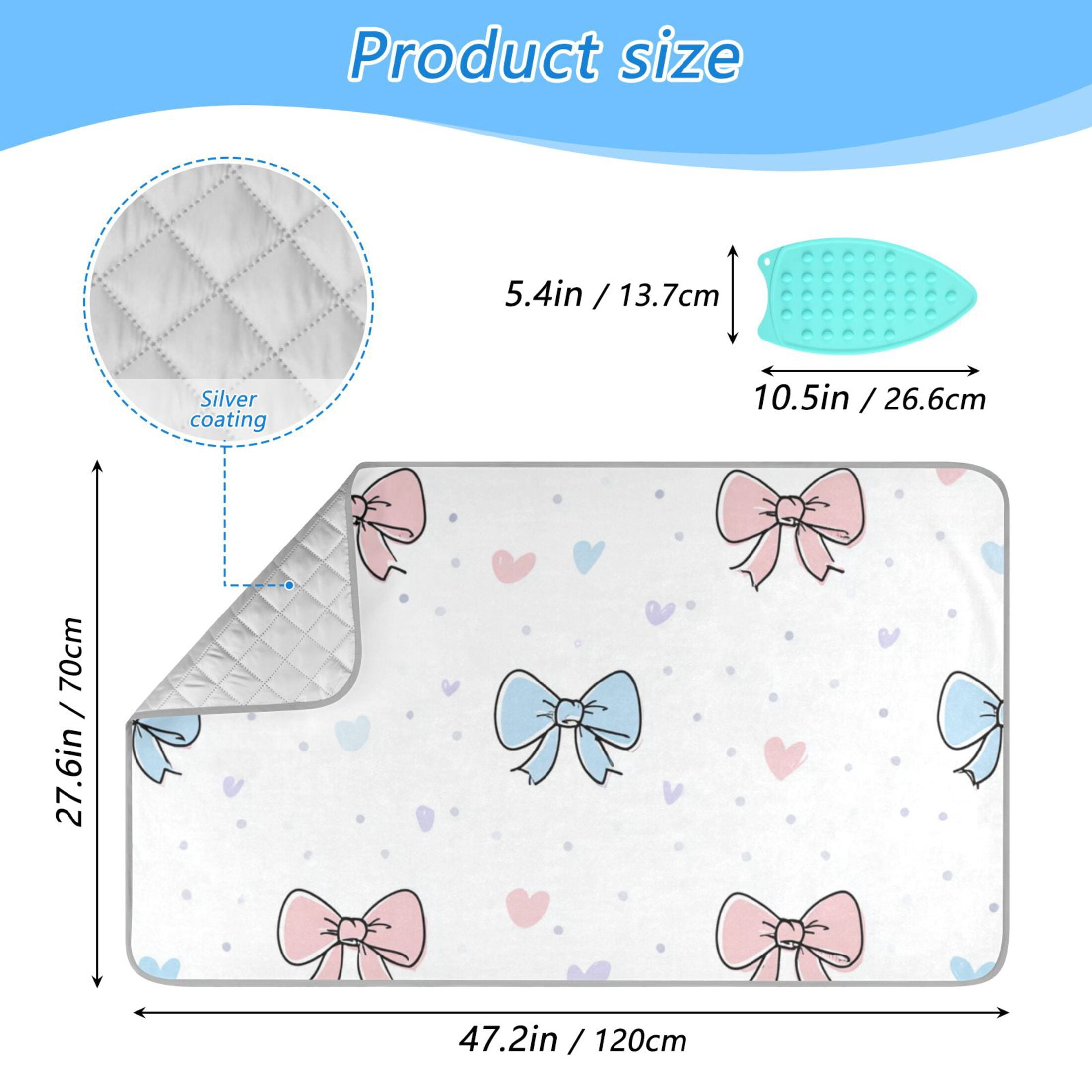Blue Pink Bowknots Hearts Valentine Ironing Mat Blanket Portable Travel Ironing Pad Heat Resistant Pad 47.2" x 27.6”