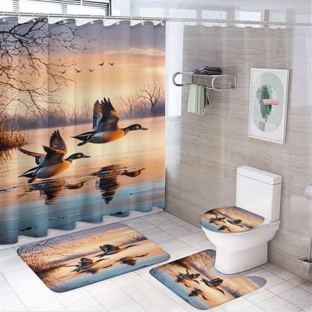 RKSupls 4PCS Ducks Lake Sunset Takeoff Waterproof Shower Curtain Sets with Hooks Bathroom Sets with Non-Slip Rugs Toilet Lid Cover and Bath Mat