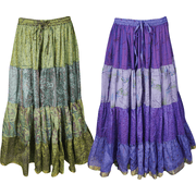 Mogul Womens Gypsy Hippie Chic Long Skirts Vintage Sari Flare Tiered Maxi Long Skirt Lot Of 2 Pcs