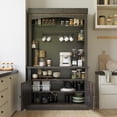 thumbnail image 4 of Coffee Bar Cabinet with LED Lights 72 in Tall Buffet Cabinet with Storage Farmhouse Kitchen Sideboard Tall with Microwave Stand/Wine Rack/Glass Shelf Dining Room (Oak), Black and Brown, 4 of 6