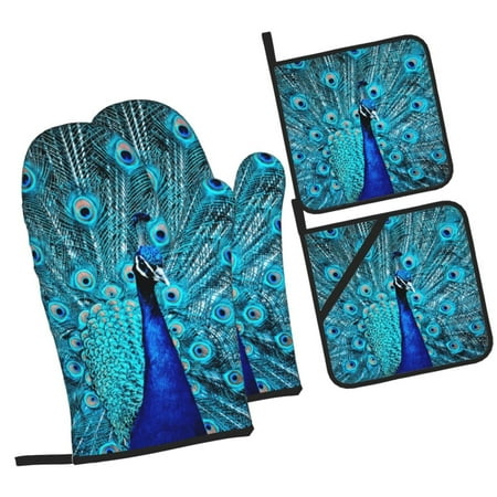 

Haiem Beautiful Blue Peacock Print Extra Long Oven Mitts and Pot Holders 4pc Sets: Heat Resistant Silicone Oven Mittens with Mini Oven Gloves and Hot Pads Potholders