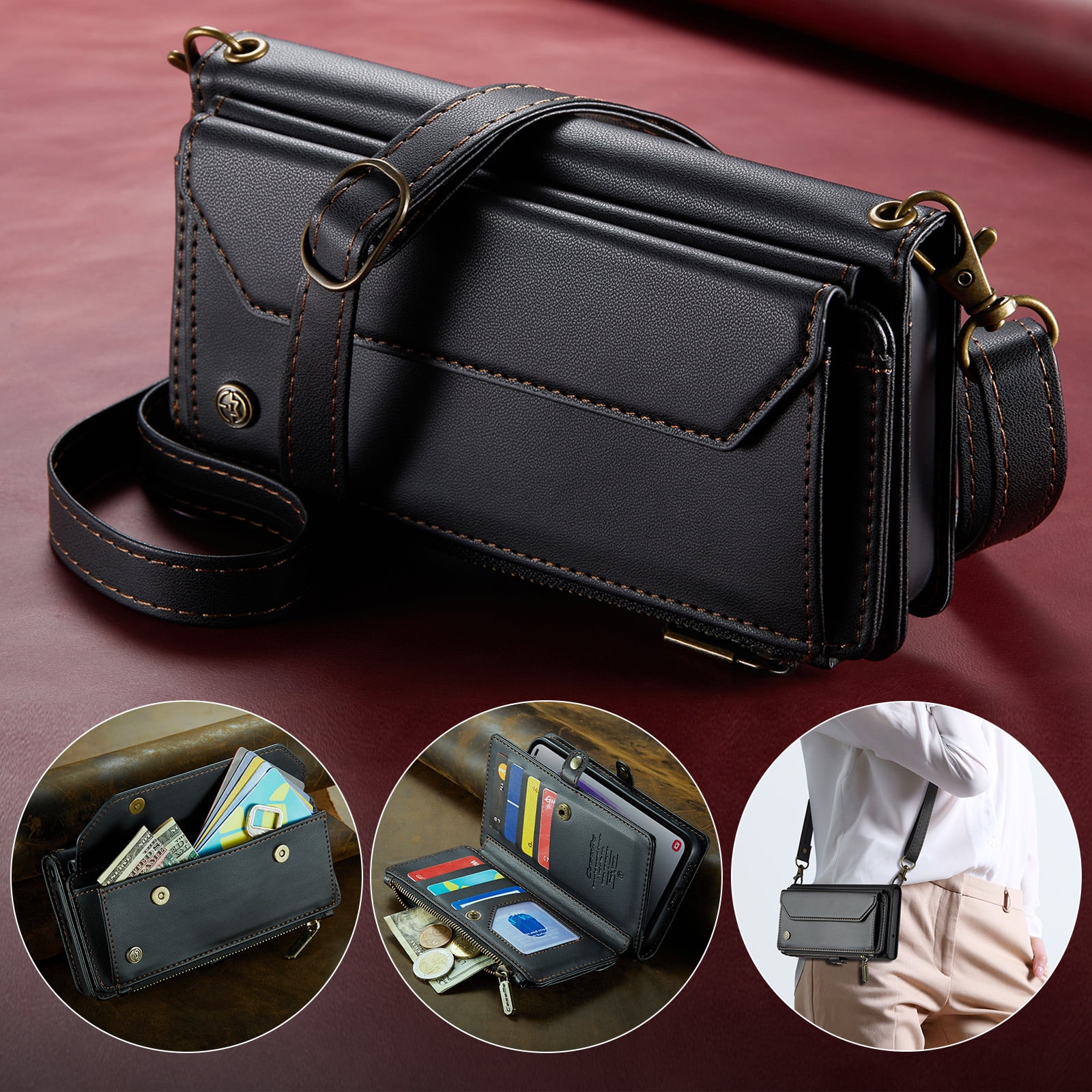 TECH CIRCLE Wallet Phone Case for Samsung Galaxy S24 (6.2") 2024 - Stylish Crossbody Phone Case with Shoulder/Wrist Straps, Lightweight PU Leather Cover with Card Slots & Pocket, Black