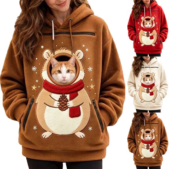 BOOMNY Christmas Pet Pouch Hoodie for Women Cute Animal Graphic Cat Dog Hoodies for Women Kangaroo Pocket Warm Winter Animal Holder