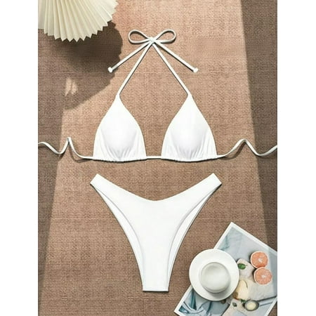 Women Thong Bikini Sexy Solid White/Black/Coffee Halter Swimsuit Lace Up Brazilian Bathing Suit 2025 New Double Fabric Beachwear