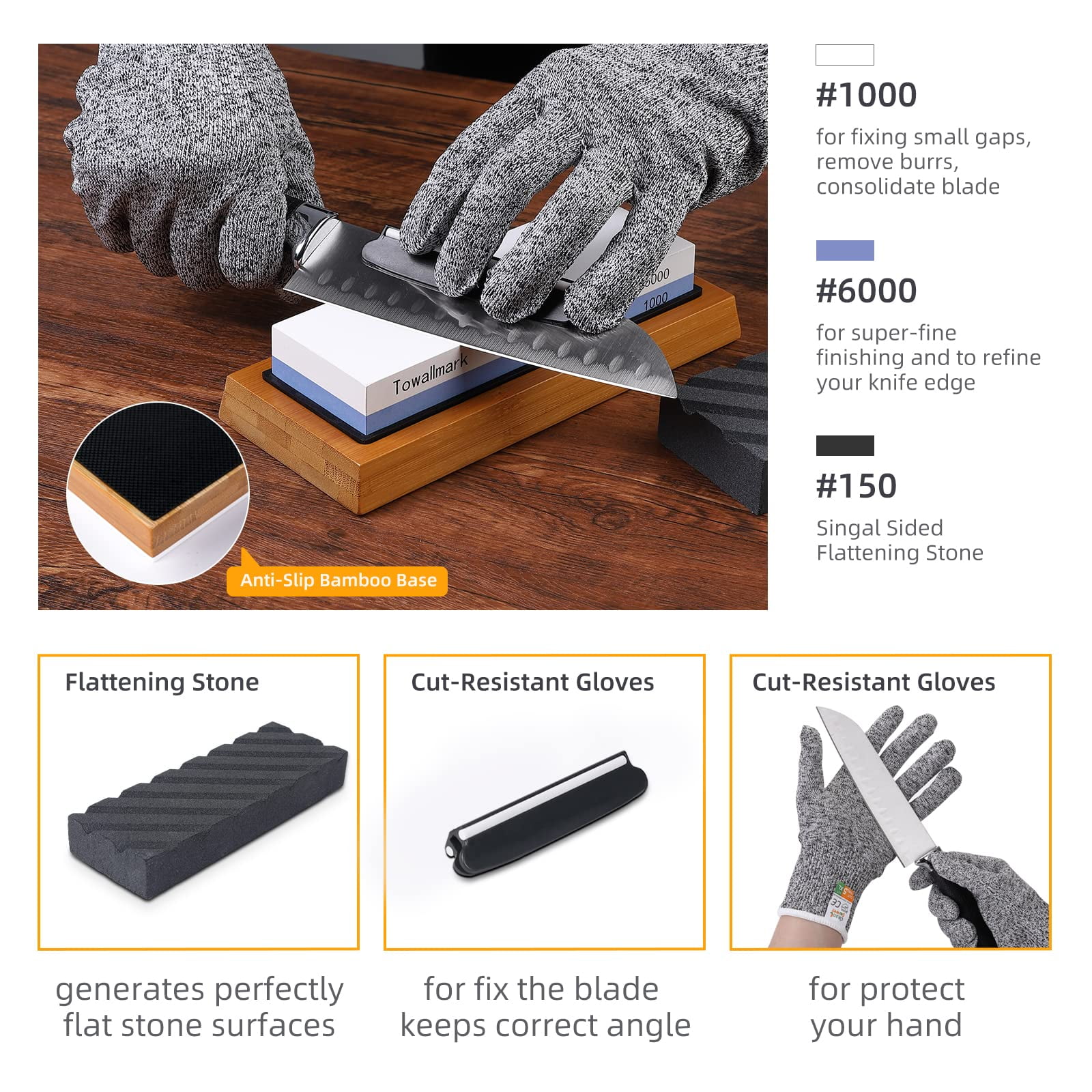 Complete Knife Sharpening Stone Set – Dual Grit Whetstone 150/1000/6000  Premium Whetstone Knife Sharpener with Gloves, Flattening Stone, Bamboo  Base, Non-slip Rubber Bases & Angle Guide
