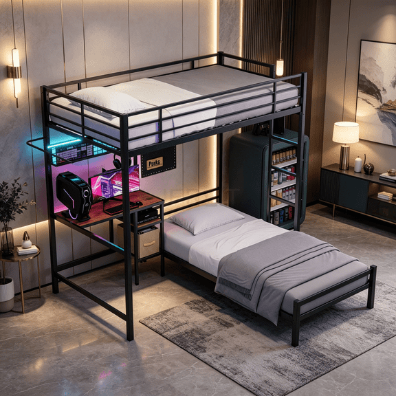 Black Twin Over Twin L-Shaped Bunk Bed with Built-in Desk, Storage Shelves & Drawers, Metal Loft Bed Frame for Teens & Adults