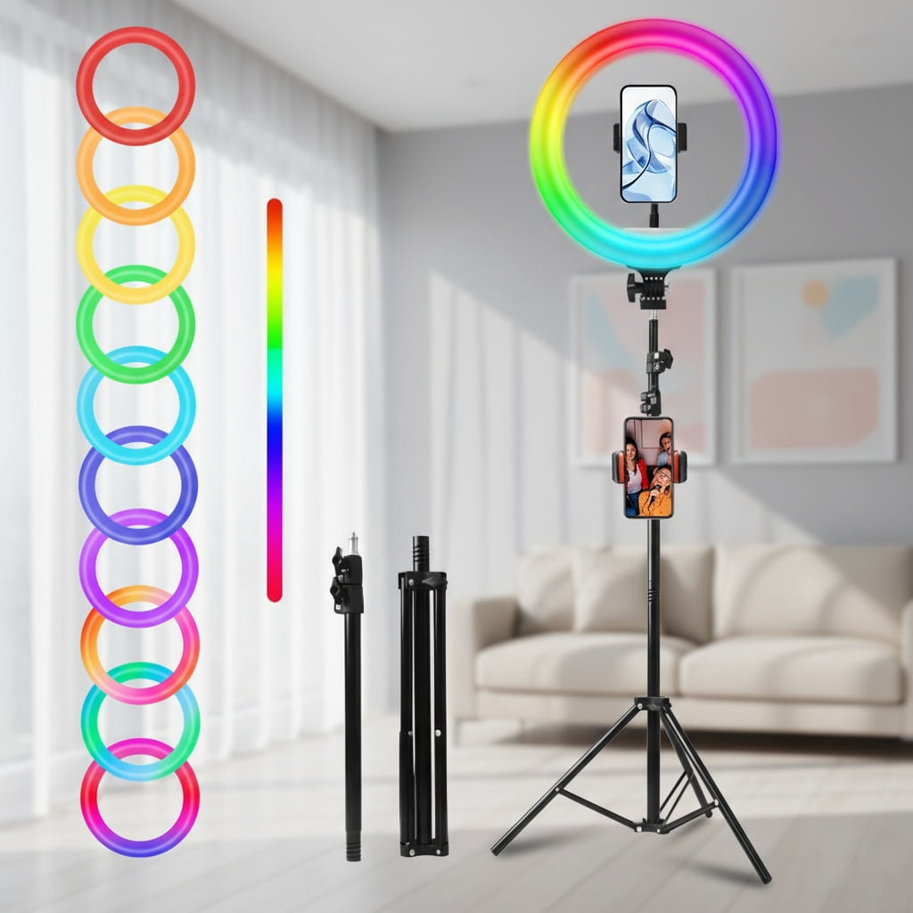 Evershop Ring Light 10 avec Trépied et Support Téléphone – Lampe LED 360° avec Bras Flexible, Télécommande, CRI>95 – Idéale pour Vidéo, Photo, Maquillage, Peinture, TikTok, Youtube
