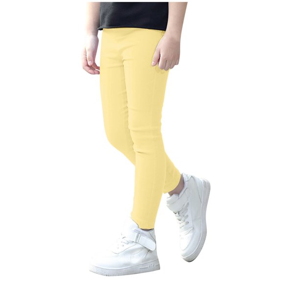 GDREDA Girls' Basic Solid Full Length Cotton Soft Leggings (Yellow,5-6 Years)