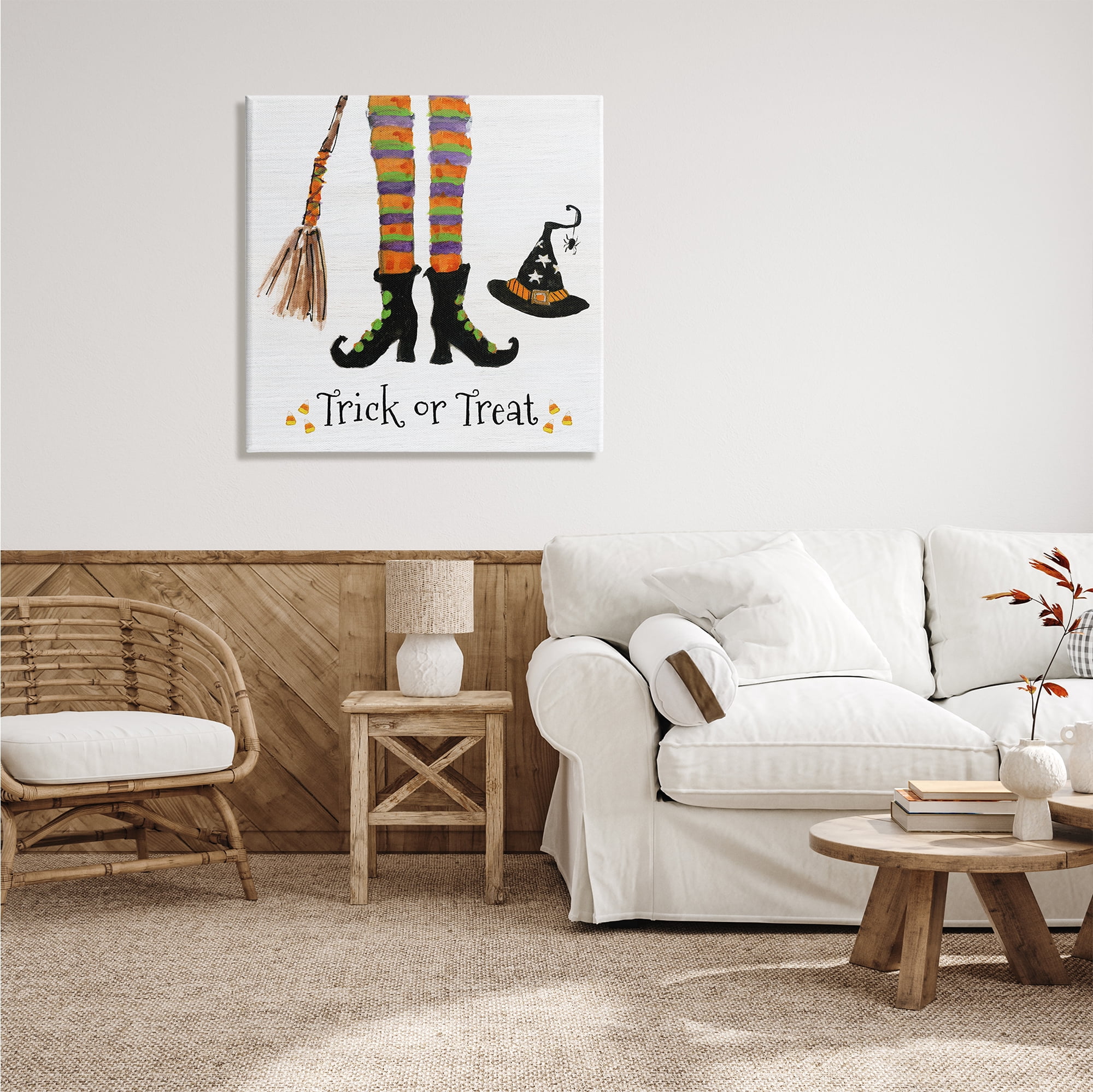 Stupell Indtries Trick Or Treat Phrase Whimsical Striped Witch Socks,30 x 30,Design by Sally Swatland